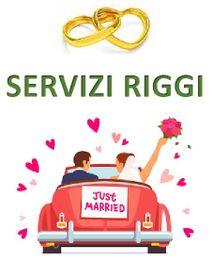 "Coppia di sposi in auto rossa con fiori, cuori e scritta 'Just Married'. 'Servizi Riggi' sopra."