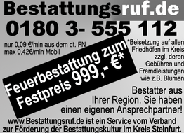 Bestattungsdienst-Werbung mit Feuerbestattung zum Festpreis und Service-Hotline.
