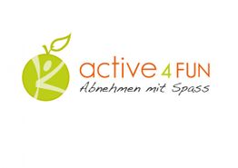 Logo mit grünem Apfel, Text "active4FUN", und "Abnehmen mit Spaß" in orange und schwarz.