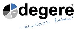 Logo mit dem Text "degere" und Slogan "einfach leben!", daneben ein Kreisdiagramm in Grau und Blau.