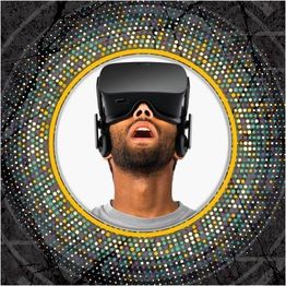 Homem com óculos de realidade virtual em fundo colorido e circular.