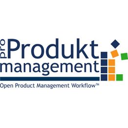 Logo mit Text: "pro Produkt management" und "Open Product Management Workflow" mit bunten Quadraten.