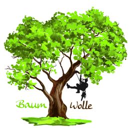 Großer grüner Baum mit Kletterer, Text „Baum Wolle“ darunter.