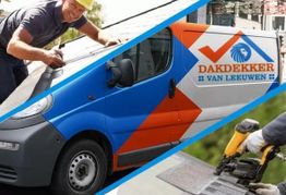 Dakdekker werkt, busje met logo “Dakdekker Van Leeuwen”, man met gereedschap op dak.