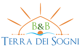 Logo: archi e raggi arancioni, scritta "B&B Terra dei Sogni" con sole e onda azzurra.