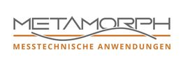 Logo: Metamorph, Messtechnische Anwendungen, mit grauer und orangefarbener Schrift.