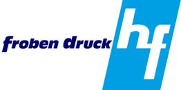 Logo mit blauem "froben druck" Text und stilisiertem "hf" auf blauem Hintergrund.