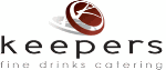 Keepers-Logo mit Text: "fine drinks catering" und stilisiertem Cocktailglas in Kreisform.