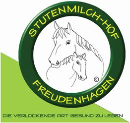 Stutenmilch-Hof-Logo mit Pferdezeichnung und Text: "Die verlockende Art, gesund zu leben."