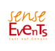 Logo mit Schriftzug "sense Events" und Slogan "Lust auf Genuss" in Rot und Orange.