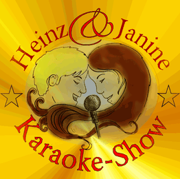 Illustration von Heinz und Janine bei einer Karaoke-Show mit Mikrofon, gelber Hintergrund.