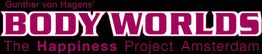 Logo van "Body Worlds: The Happiness Project Amsterdam" op zwarte achtergrond.