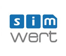 Logo mit blauem "sim" in Kästchen und grauem "wert" darunter auf weißem Hintergrund.