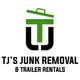 Logo for TJ's Junk Removal and Trailer Rentals with a green and black stylized design.