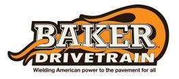 Logo of Baker Drivetrain with flames and tagline, "Wielding American power to the pavement for all."