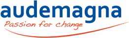 Logo von "audemagna" mit dem Slogan "Passion for change" in Blau und Rot.