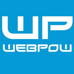 Logo mit "WP Webpow" in weiß auf blauem Hintergrund.