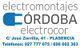 Logotipo de Electromontajes Córdoba con dirección y teléfonos en Plasencia.