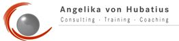 Logo mit Text: "Angelika von Hubatius - Consulting, Training, Coaching", graue Kugel, rote Linien.