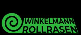 Logo mit grünem Schriftzug "Winkelmann Rollrasen" und Spiralmuster auf schwarzem Hintergrund.