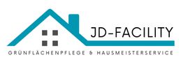 Logo mit Haus-Symbol, JD-Facility Schriftzug, Text: Grünflächenpflege & Hausmeisterservice.