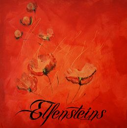 Abstrakte rote Blumen auf rotem Hintergrund mit schwarzem Schriftzug "Elfensteins".