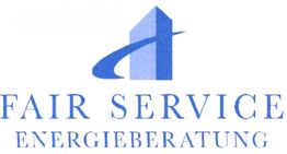 Logo mit blauem Gebäude und Text: "FAIR SERVICE ENERGIEBERATUNG".