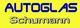 Gelber Hintergrund mit blauem Text: "AUTOGLAS Schumann".
