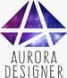 Geometric logo with text "Aurora Designer" in purple and blue galaxy tones.