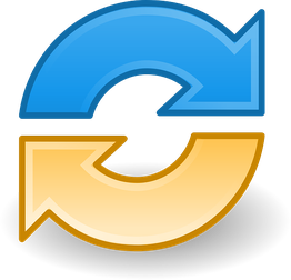 Zwei ineinandergreifende Pfeile, blau und gelb, symbolisieren eine Aktualisierung oder Synchronisation.