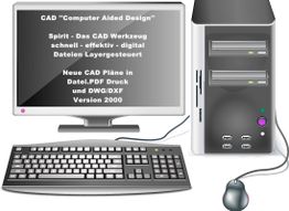 Desktop-PC mit CAD-Software-Bildschirm, Text über "Spirit"-CAD-Werkzeug und Dateiunterstützung.