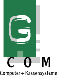 Logo mit grünem "G" und Text "COM Computer + Kassensysteme" auf weißem Hintergrund.