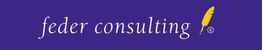 Logo von "feder consulting" mit gelber Feder auf blauem Hintergrund.