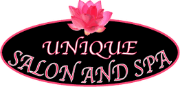 Oval logo with "Unique Salon and Spa" and a pink lotus flower on top.
