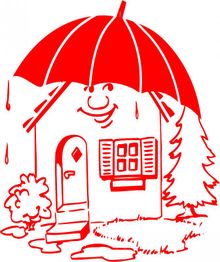 Ein Haus mit Gesicht unter einem roten Regenschirm, umgeben von Bäumen und Büschen.