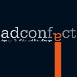 Logo von AdconfecT, Agentur für Web- und Print-Design, auf dunklem Hintergrund mit orangem Akzent.