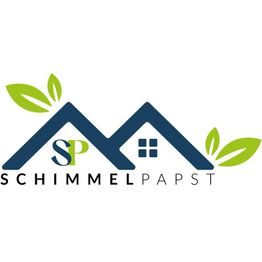 Logo: zwei blaue Hausdächer, dazwischen „SP“, darunter „Schimmel Papst“, mit grünen Blättern.