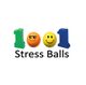 "Logo with '1001 Stress Balls' text; O's are emoji faces, rest are green and blue numbers."