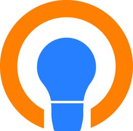 Blaues Glühbirnen-Symbol umgeben von einem orangefarbenen Kreis auf weißem Hintergrund.