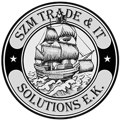 Zeichnung eines Segelschiffs im Kreis mit Schrift "SZM Trade & IT Solutions E.K." und Sternen.