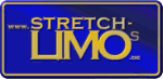 Blaues Schild mit der goldenen Aufschrift "STRETCH LIMOS" und Webadresse "www.stretch-limo.de".