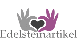 Logo mit grauer und lila Hand, die ein Herz formen, darunter der Schriftzug "Edelsteinartikel".