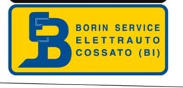 Insegna gialla e blu con scritta: "Borin Service Elettrauto Cossato (BI)".