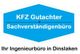 Blaues Schild: "KFZ Gutachter Sachverständigenbüro". Darunter: "Ihr Ingenieurbüro in Dinslaken".