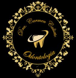 Logotipo dourado com ornamentos e um dente no centro, texto "Dra. Carmen Calixte Odontologia".