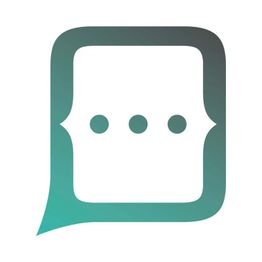 Logo mit Sprechblase und drei Punkten in einem Verlauf von Türkis zu Grau.