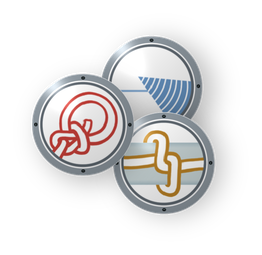 Drei runde Abzeichen mit verschiedenen Knotensymbolen in Rot, Blau und Gold auf weißem Hintergrund.