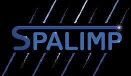 Texto "SPALIMP" en azul sobre fondo negro con líneas diagonales brillantes.