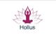 Logotipo com figura em meditação e desenho de lótus em rosa, abaixo a palavra "Hollus".