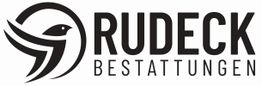 Logo mit einem stilisierten Vogel und Text "Rudeck Bestattungen" in Schwarz-Weiß.